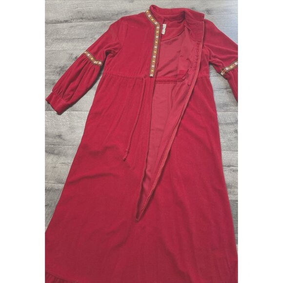 Vintage 60s Lounge Craft Nightgown Womens Medium Red Housecoat Zip Pocket Long - Picture 6 of 15